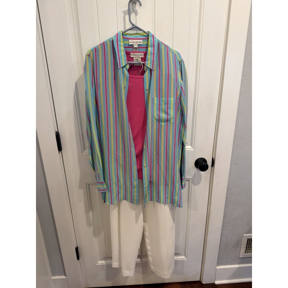 Evan Picone 3 Pc Outfit Silk Shirt Tank Pants 16 XL Pink Aqua White Resort